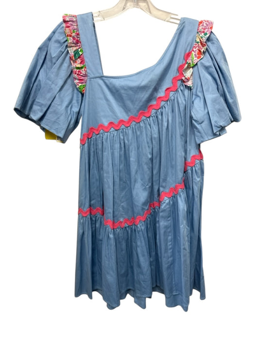 Alden Adair Size XS Blue & Pink Cotton Short Puff Sleeve Ric-Rac Mini Dress Blue & Pink / XS