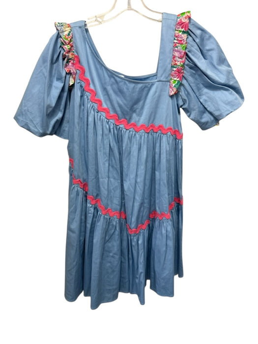 Alden Adair Size XS Blue & Pink Cotton Short Puff Sleeve Ric-Rac Mini Dress Blue & Pink / XS