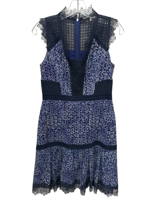 Elie Tahari Size 4 Navy Blue Print Cotton & Nylon Sleeveless Lace design Dress Navy Blue Print / 4