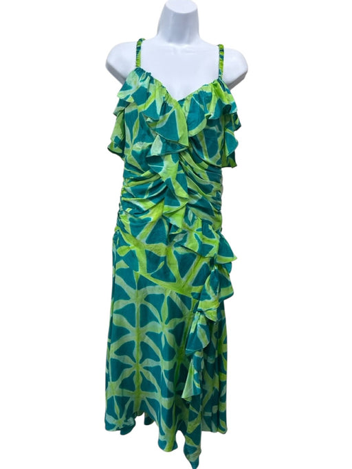 Ulla Johnson Size 4 Blue & Green Silk Sleeveless Abstract Print Ruffles Dress Blue & Green / 4