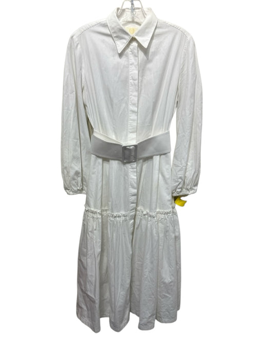Sara Battaglia Size 40 White Cotton Long Sleeve Tiered Buttons Midi Dress White / 40