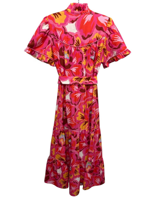 Crosby Size XS Pink, Yellow, Orange Polyester Short Puff Sleeve Midi Dress Pink, Yellow, Orange / XS