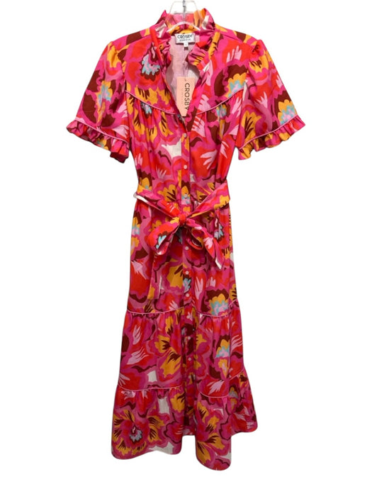 Crosby Size XS Pink, Yellow, Orange Polyester Short Puff Sleeve Midi Dress Pink, Yellow, Orange / XS