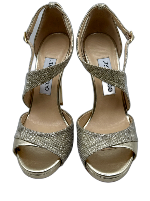 Jimmy Choo Shoe Size 37 Gold Leather Fabric Open Toe Ankle Strap Sandals Gold / 37