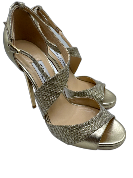 Jimmy Choo Shoe Size 37 Gold Leather Fabric Open Toe Ankle Strap Sandals Gold / 37