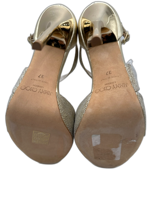 Jimmy Choo Shoe Size 37 Gold Leather Fabric Open Toe Ankle Strap Sandals Gold / 37