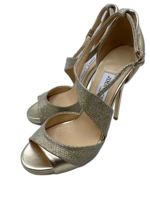 Jimmy Choo Shoe Size 37 Gold Leather Fabric Open Toe Ankle Strap Sandals Gold / 37
