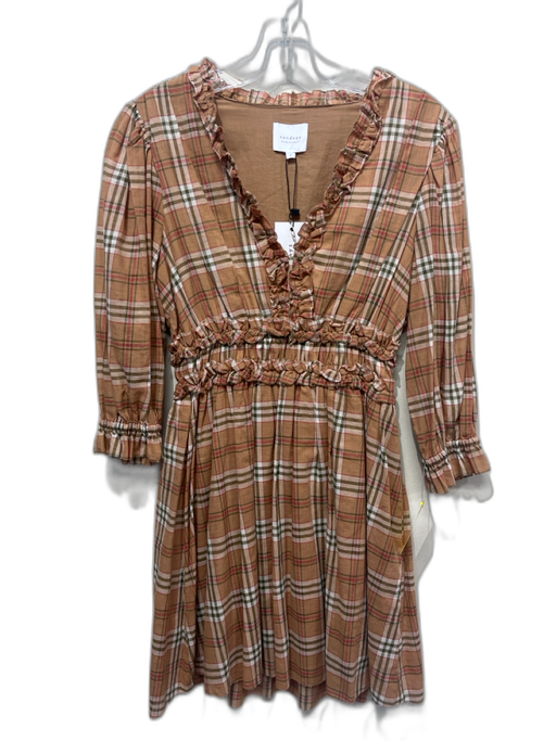 Sundays Size S Tan, red & green Cotton 1/2 Sleeve Plaid V Neck Dress Tan, red & green / S