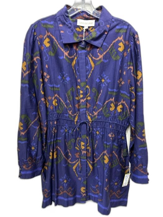Love The Label Size L Navy, Yellow & Green Cotton Long Sleeve batik print Dress Navy, Yellow & Green / L
