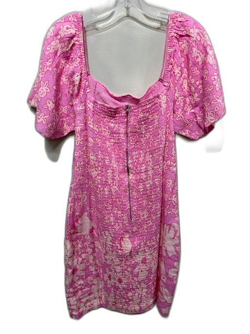 Love The Label Size M Pink & Cream Linen Blend Short Sleeve Square Neck Dress Pink & Cream / M