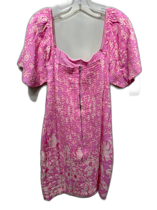 Love The Label Size M Pink & Cream Linen Blend Short Sleeve Square Neck Dress Pink & Cream / M