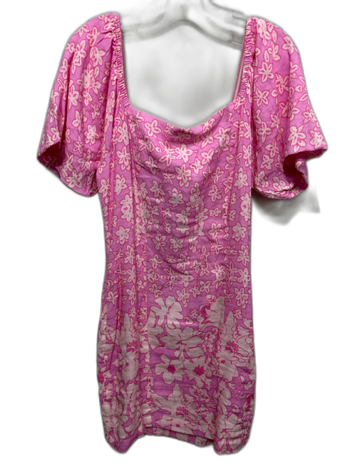 Love The Label Size M Pink & Cream Linen Blend Short Sleeve Square Neck Dress Pink & Cream / M