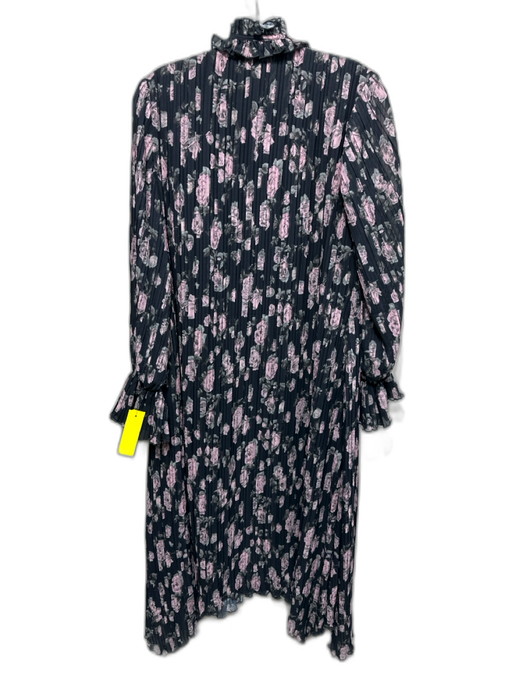 Ganni Size 34 / XS Black, Pink & Green Polyester Long Sleeve Roses Pleated Dress Black, Pink & Green / 34 / XS
