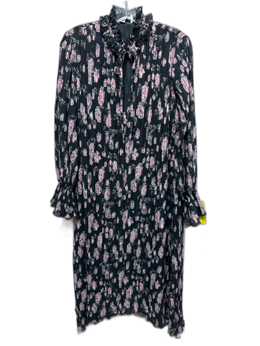 Ganni Size 34 / XS Black, Pink & Green Polyester Long Sleeve Roses Pleated Dress Black, Pink & Green / 34 / XS