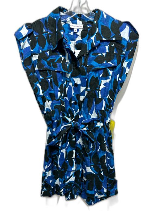 Karina Grimaldi Size M Blue, White & Black Linen Short Sleeve Sash Inc Romper Blue, White & Black / M