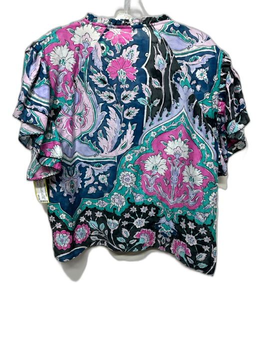 Maria Cher Size S Pink, Blue & Black Cotton Short Ruffle Sleeve V Neck Top Pink, Blue & Black / S