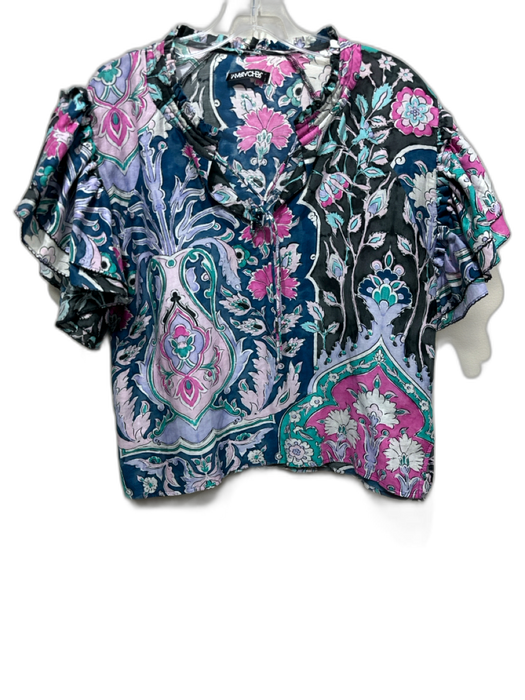 Maria Cher Size S Pink, Blue & Black Cotton Short Ruffle Sleeve V Neck Top Pink, Blue & Black / S