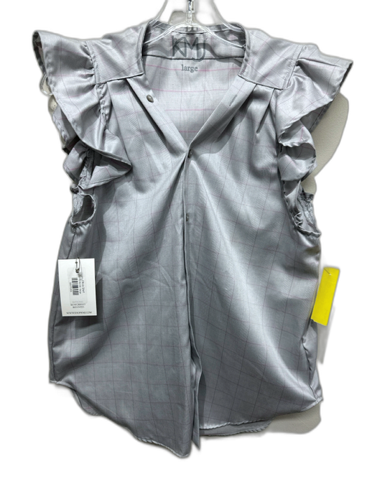 KMJ Size L Light Gray & Pink No Fabric Tag Plaid Cap Ruffle Sleeve Button Up Top Light Gray & Pink / L