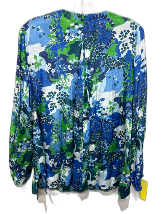 Vilagallo Size 40 Blue, Navy & Green Cotton Long Sleeve Floral 1/2 Button Top Blue, Navy & Green / 40