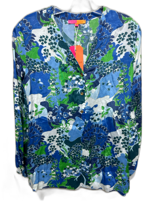 Vilagallo Size 40 Blue, Navy & Green Cotton Long Sleeve Floral 1/2 Button Top Blue, Navy & Green / 40