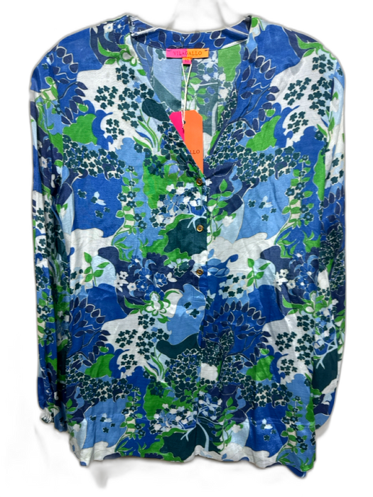 Vilagallo Size 40 Blue, Navy & Green Cotton Long Sleeve Floral 1/2 Button Top Blue, Navy & Green / 40