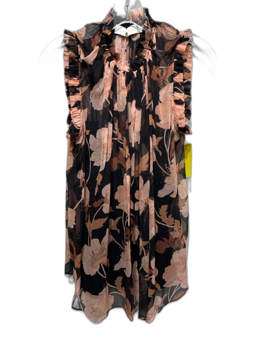 Zimmermann Size 2 Pink & Black Silk Chiffon Floral Ruffle Cap Sleeve Top Pink & Black / 2
