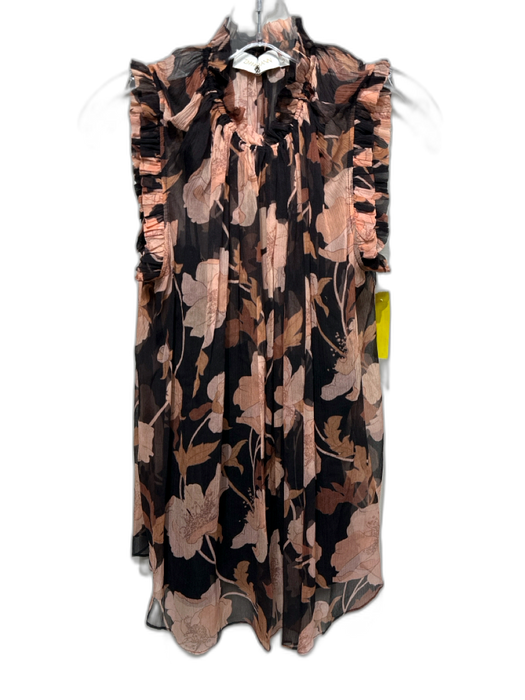 Zimmermann Size 2 Pink & Black Silk Chiffon Floral Ruffle Cap Sleeve Top Pink & Black / 2