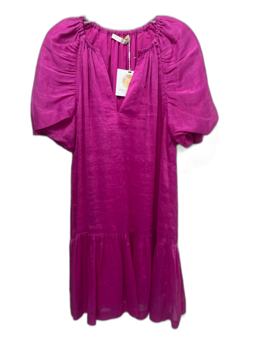 Marie Oliver Size S Magenta V Neck Short Puff Sleeve V Neck Below knee Dress Magenta / S