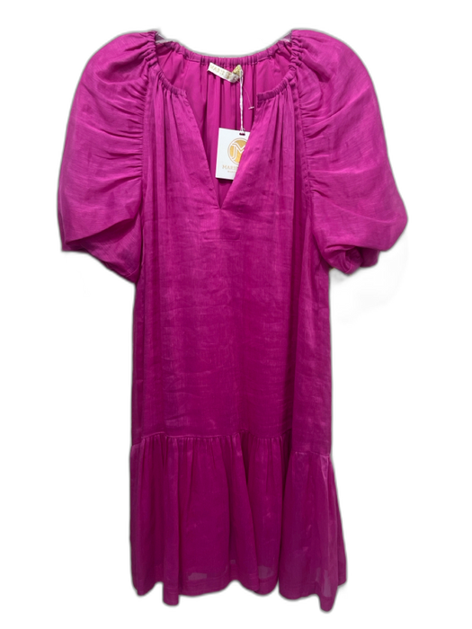 Marie Oliver Size S Magenta V Neck Short Puff Sleeve V Neck Below knee Dress Magenta / S