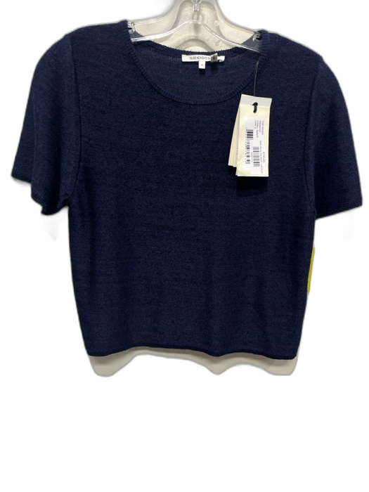 Suzie Kondi Size M Navy Viscose Blend Knit Short Sleeve Textured Wide Neck Top Navy / M
