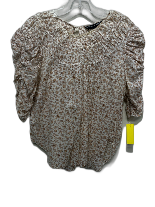 Veronica Beard Size M White, Yellow & Pink Cotton 1/2 Sleeve Ruched Floral Top White, Yellow & Pink / M