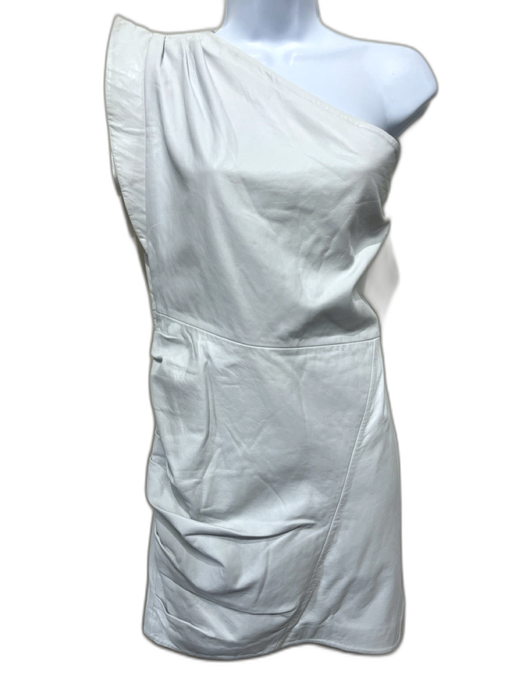 Lamarque Size L White Leather One Shoulder Pleated Shoulder Paneled Dress White / L