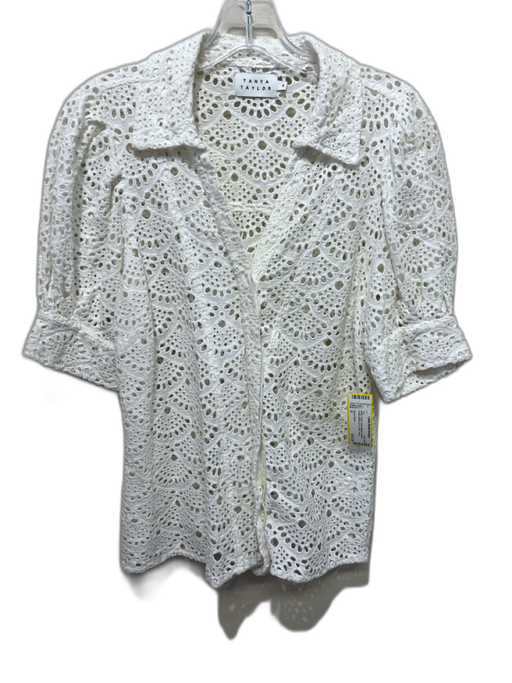 Tanya Taylor Size 8 White Cotton Short Balloon Sleeve Eyelet Wrap Top White / 8