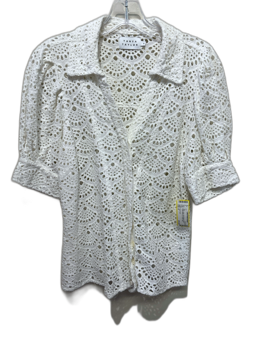 Tanya Taylor Size 8 White Cotton Short Balloon Sleeve Eyelet Wrap Top White / 8
