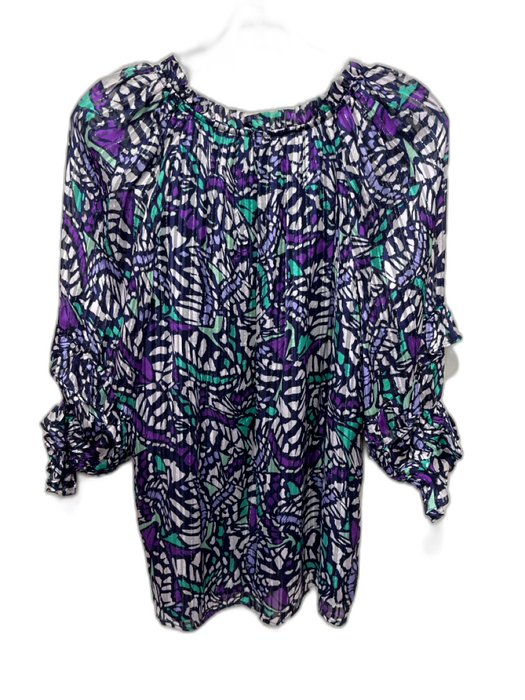 Ramy Brook Size M Purple, Green & Blue Polyester 1/2 Balloon Sleeve V Neck Top Purple, Green & Blue / M