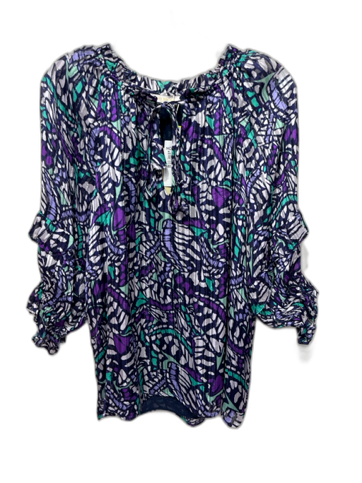 Ramy Brook Size M Purple, Green & Blue Polyester 1/2 Balloon Sleeve V Neck Top Purple, Green & Blue / M