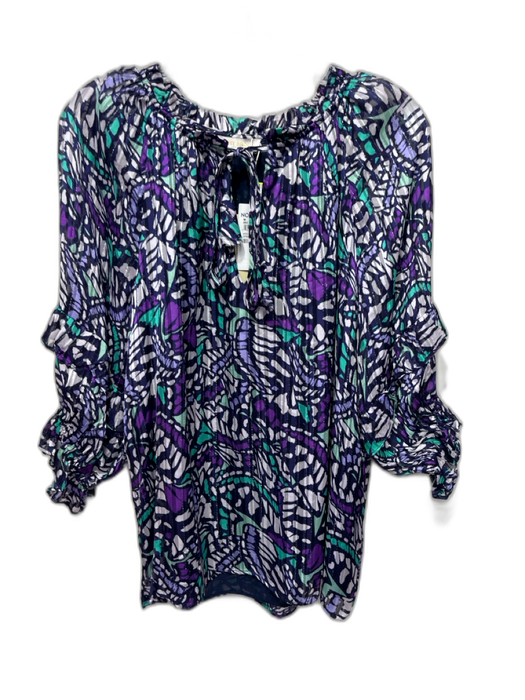 Ramy Brook Size M Purple, Green & Blue Polyester 1/2 Balloon Sleeve V Neck Top Purple, Green & Blue / M