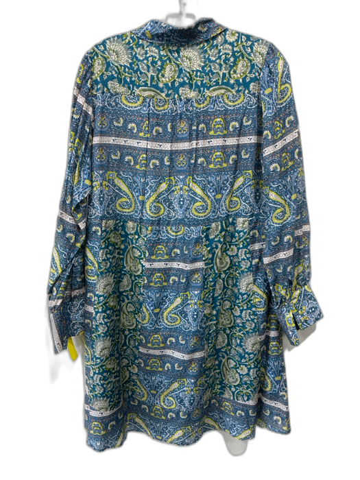 Antik Batik Size S Teal, Yellow & Multi Cotton Blend Long Sleeve Paisley Dress Teal, Yellow & Multi / S