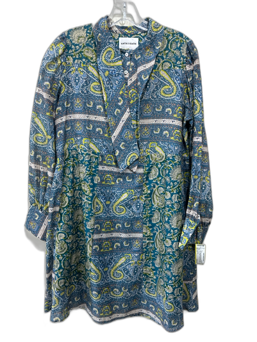 Antik Batik Size S Teal, Yellow & Multi Cotton Blend Long Sleeve Paisley Dress Teal, Yellow & Multi / S