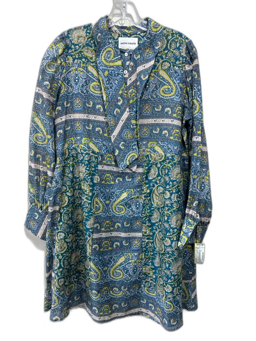 Antik Batik Size S Teal, Yellow & Multi Cotton Blend Long Sleeve Paisley Dress Teal, Yellow & Multi / S