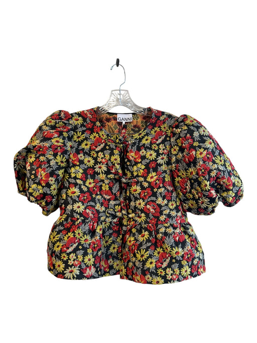 Ganni Size 36 Black & Multi Polyester Brocade Short Puff Sleeve Skirt Set Black & Multi / 36