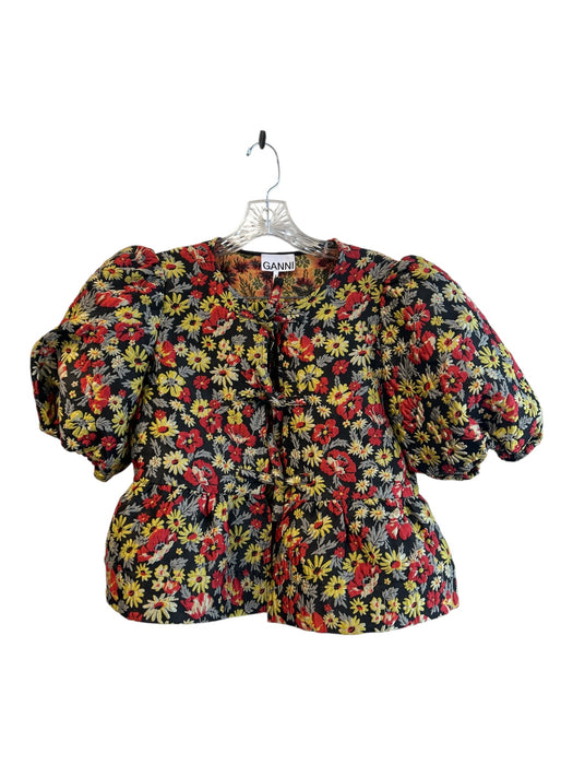 Ganni Size 36 Black & Multi Polyester Brocade Short Puff Sleeve Skirt Set Black & Multi / 36