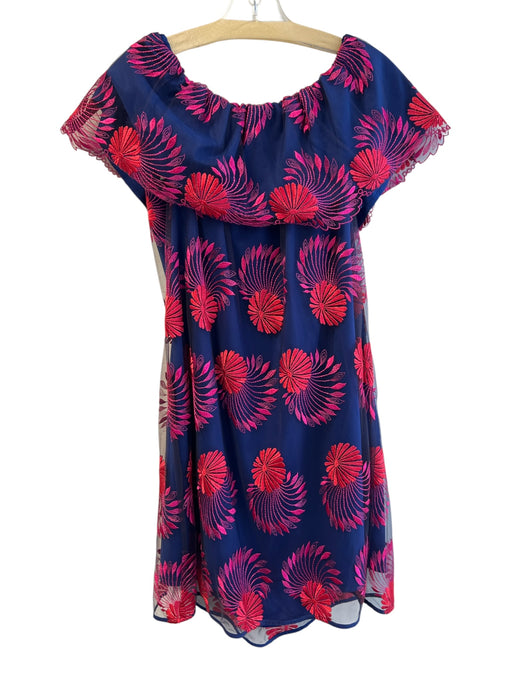 Trina Turk Size M Navy & Red Nylon Mesh Overlay Off Shoulder Below knee Dress Navy & Red / M