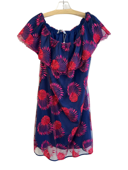 Trina Turk Size M Navy & Red Nylon Mesh Overlay Off Shoulder Below knee Dress Navy & Red / M