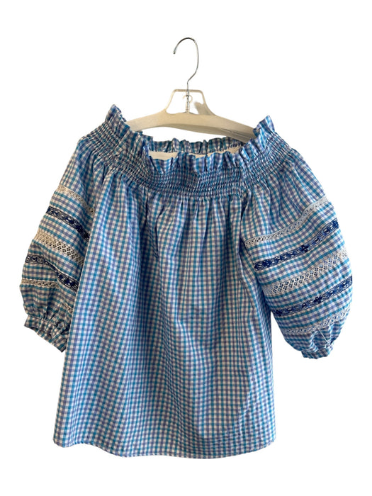 Mi Golondrina Size Est M Blue No Fabric Tag Off Shoulder Gingham Lace Detail Top Blue / Est M