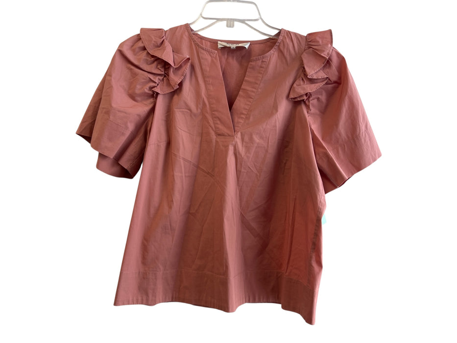 SeeByChloe Size 2 Terra Cotta Cotton V Neck Short Sleeve Ruffle Detail Top Terra Cotta / 2