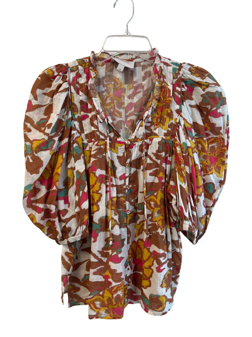 Cleobella Size XS White & Brown Organic Cotton Tie V Neck 3/4 Balloon Sleeve Top White & Brown / XS