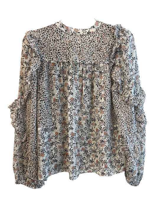 Ulla Johnson Size 0 Beige Silk & Viscose Tie V Neck Long Sleeve Floral Top Beige / 0