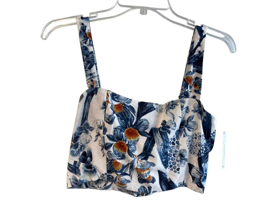 Agua Bendita Size S White & Blue Viscose Back Zip Floral Square Neck Cropped Top White & Blue / S