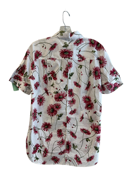 Adam Lippes Size 4 White & Pink Cotton Collared Button Up Short Sleeve Top White & Pink / 4